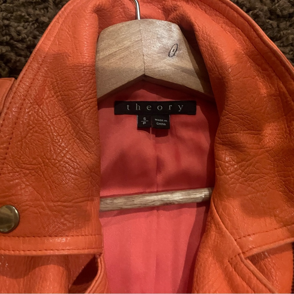 Beautiful Orange leather Theory jacket. Runway style.